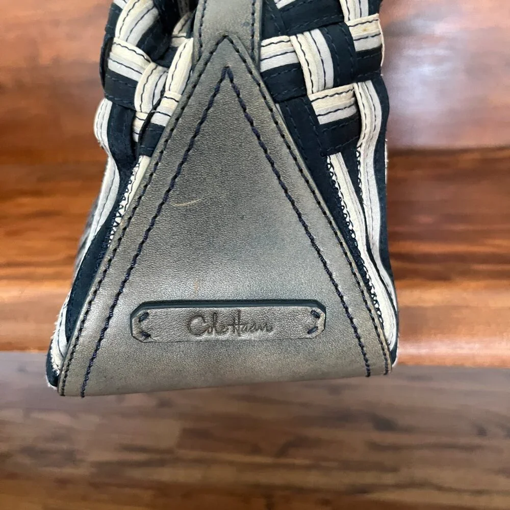 COLE HAAN Genevieve Woven Triangle Hobo Shoulder Handbag Tote Silk Raffia Blue
